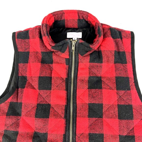 Pink Lily Flannel quilted Vest Red Black Buffalo Plaid Check Womens SZ LG - Picture 5 of 9